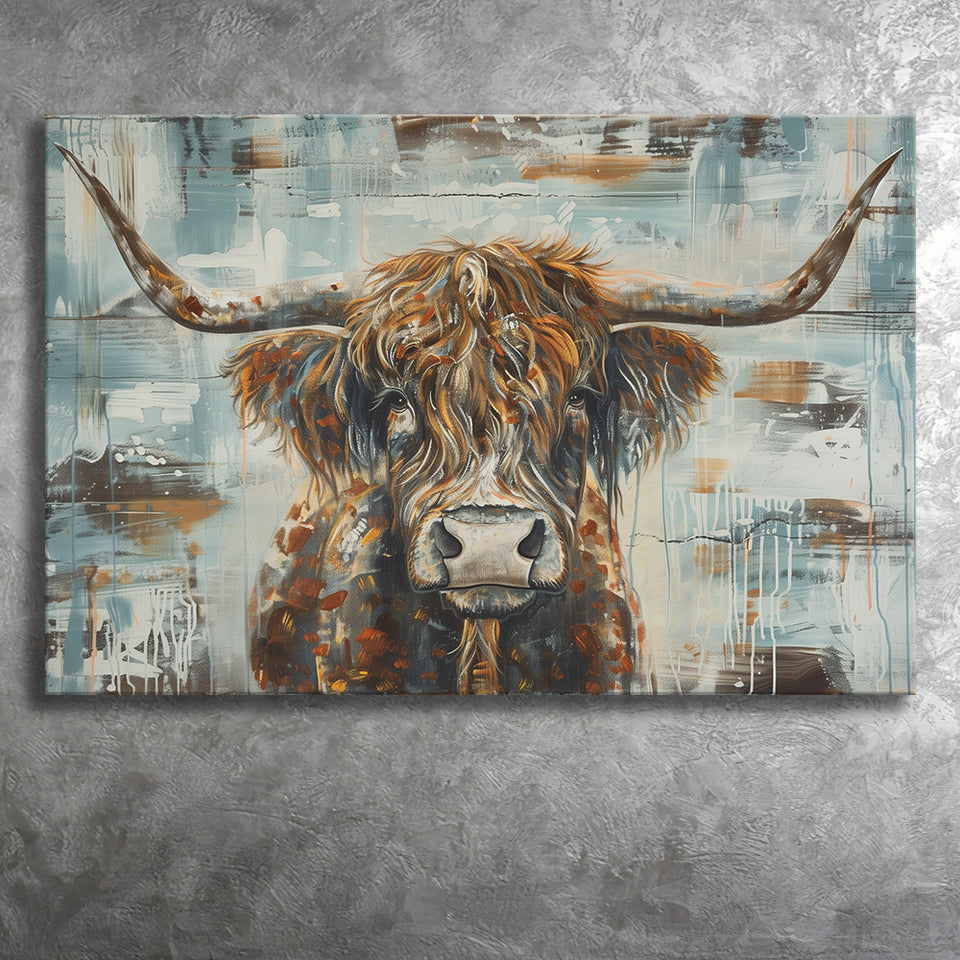 Highland Longhorn Cow Painted On Wood Rustic Cabin V1, Canvas Print Wall Art Decor, Landscape Art Print