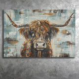 Highland Longhorn Cow Painted On Wood Rustic Cabin V1, Canvas Print Wall Art Decor, Landscape Art Print