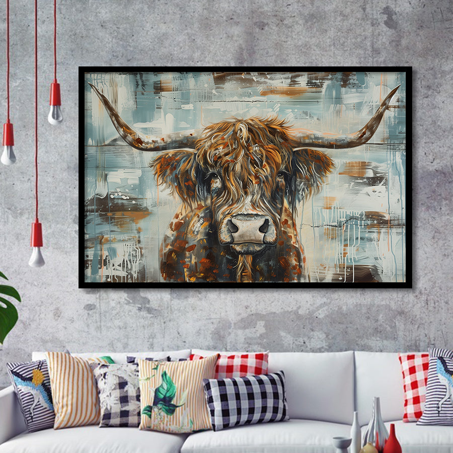 Highland Longhorn Cow Painted On Wood Rustic Cabin V1, Framed Art Print Wall Decor, Framed Picture