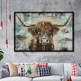 Highland Longhorn Cow Painted On Wood Rustic Cabin V1, Framed Art Print Wall Decor, Framed Picture