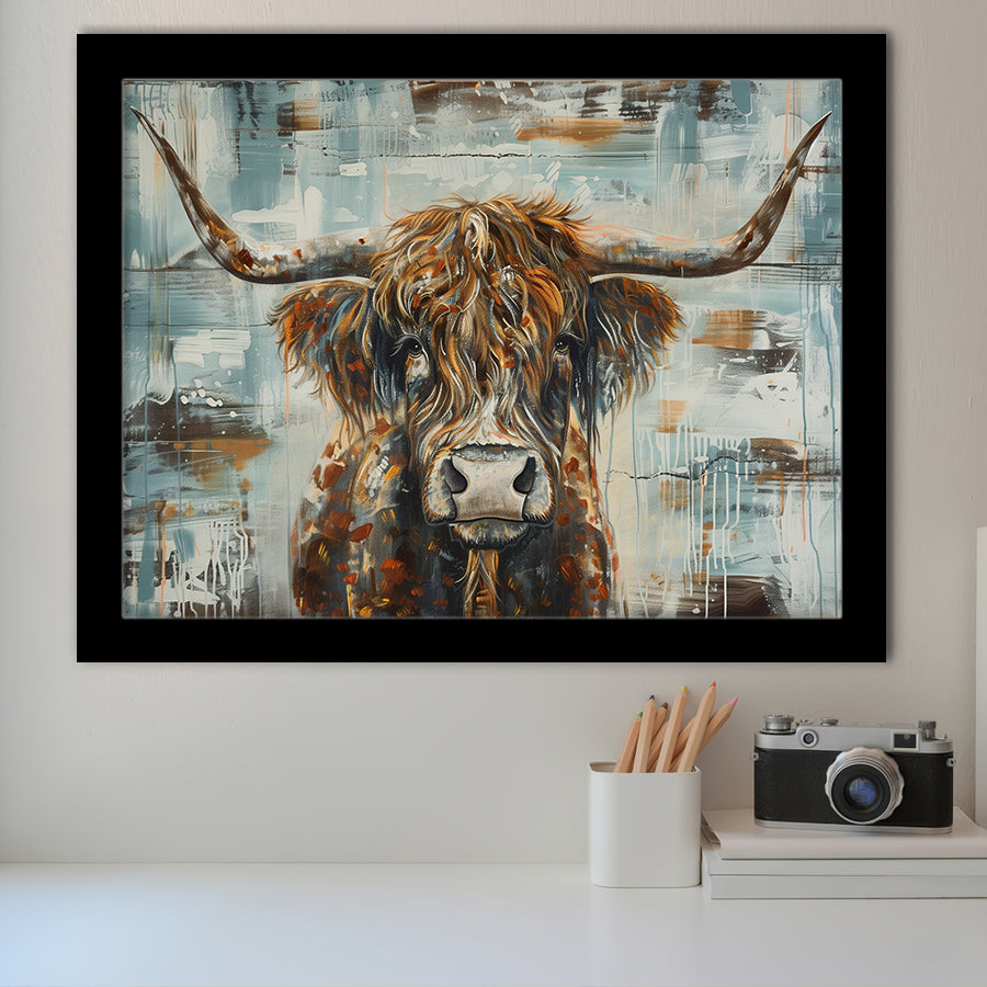 Highland Longhorn Cow Painted On Wood Rustic Cabin V1, Framed Art Print Wall Decor, Framed Picture