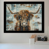 Highland Longhorn Cow Painted On Wood Rustic Cabin V1, Framed Art Print Wall Decor, Framed Picture