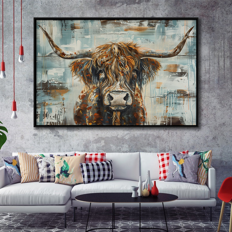 Highland Longhorn Cow Painted On Wood Rustic Cabin V1, Framed Canvas Print Wall Art Decor,Floating Frame