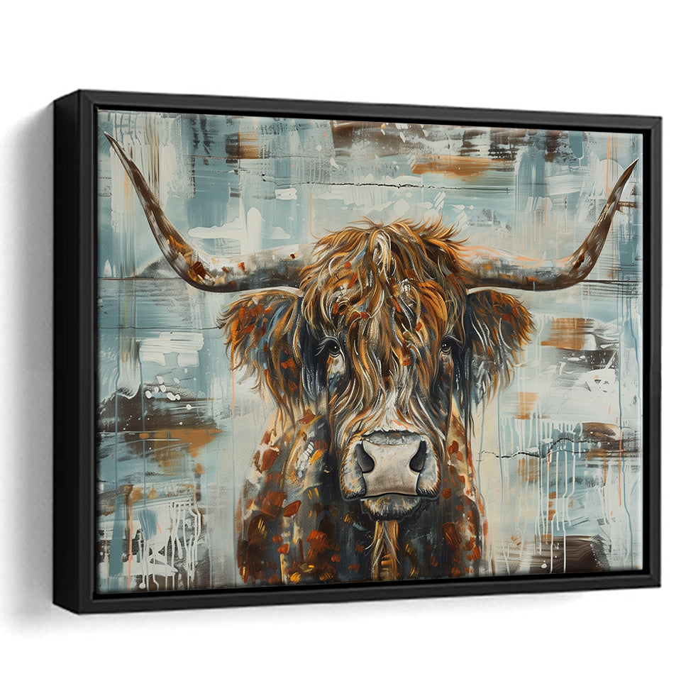 Highland Longhorn Cow Painted On Wood Rustic Cabin V1, Framed Canvas Print Wall Art Decor,Floating Frame