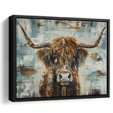 Highland Longhorn Cow Painted On Wood Rustic Cabin V1, Framed Canvas Print Wall Art Decor,Floating Frame