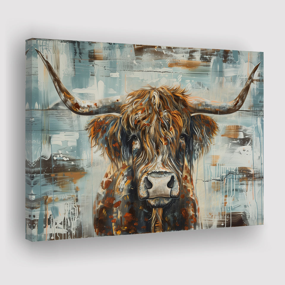Highland Longhorn Cow Painted On Wood Rustic Cabin V1, Canvas Print Wall Art Decor, Landscape Art Print