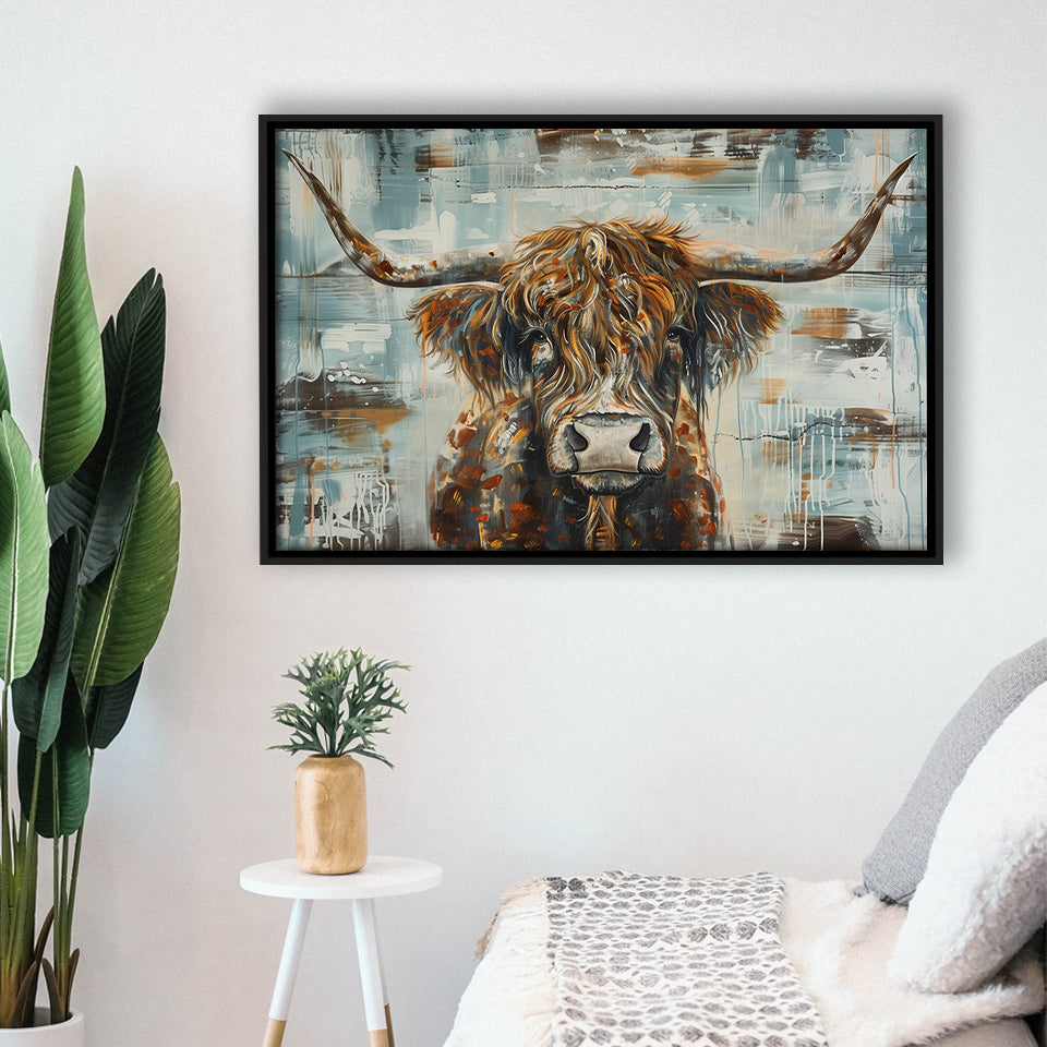 Highland Longhorn Cow Painted On Wood Rustic Cabin V1, Framed Canvas Print Wall Art Decor,Floating Frame