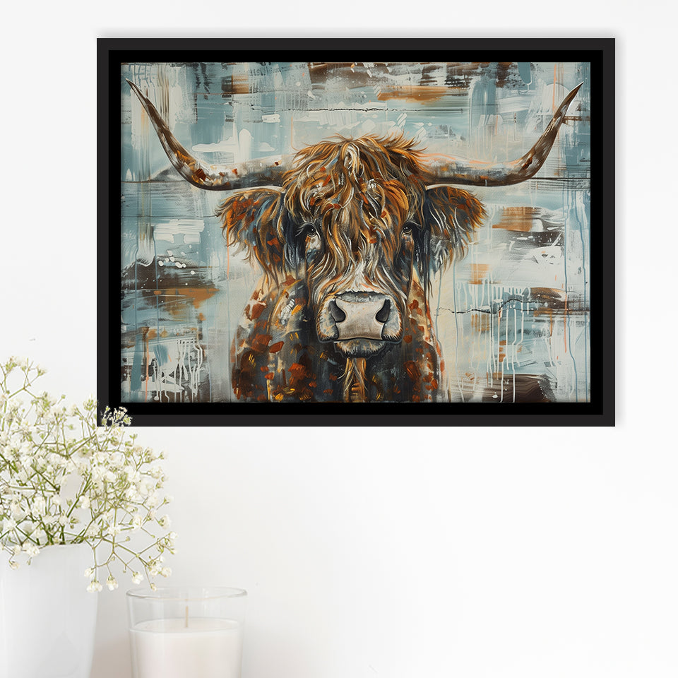 Highland Longhorn Cow Painted On Wood Rustic Cabin V1, Framed Canvas Print Wall Art Decor,Floating Frame