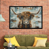 Highland Longhorn Cow Painted On Wood Rustic Cabin V1, Framed Art Print Wall Decor, Framed Picture