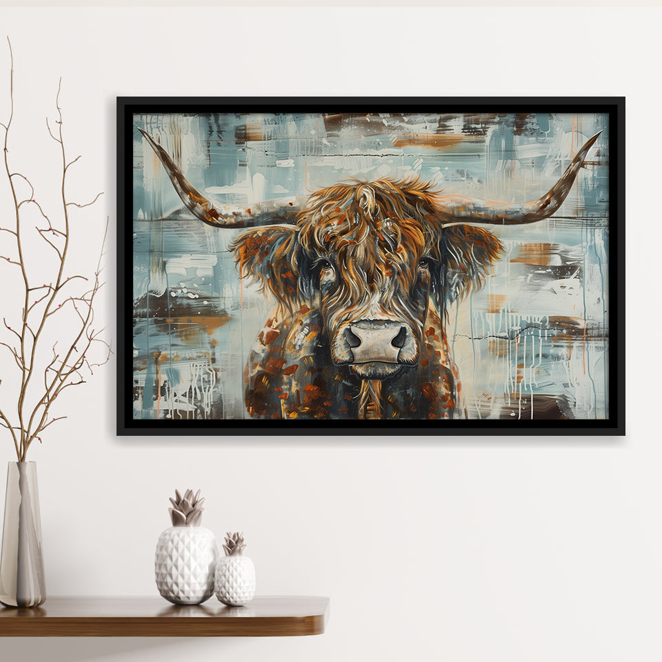 Highland Longhorn Cow Painted On Wood Rustic Cabin V1, Framed Canvas Print Wall Art Decor,Floating Frame