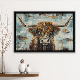Highland Longhorn Cow Painted On Wood Rustic Cabin V1, Framed Canvas Print Wall Art Decor,Floating Frame