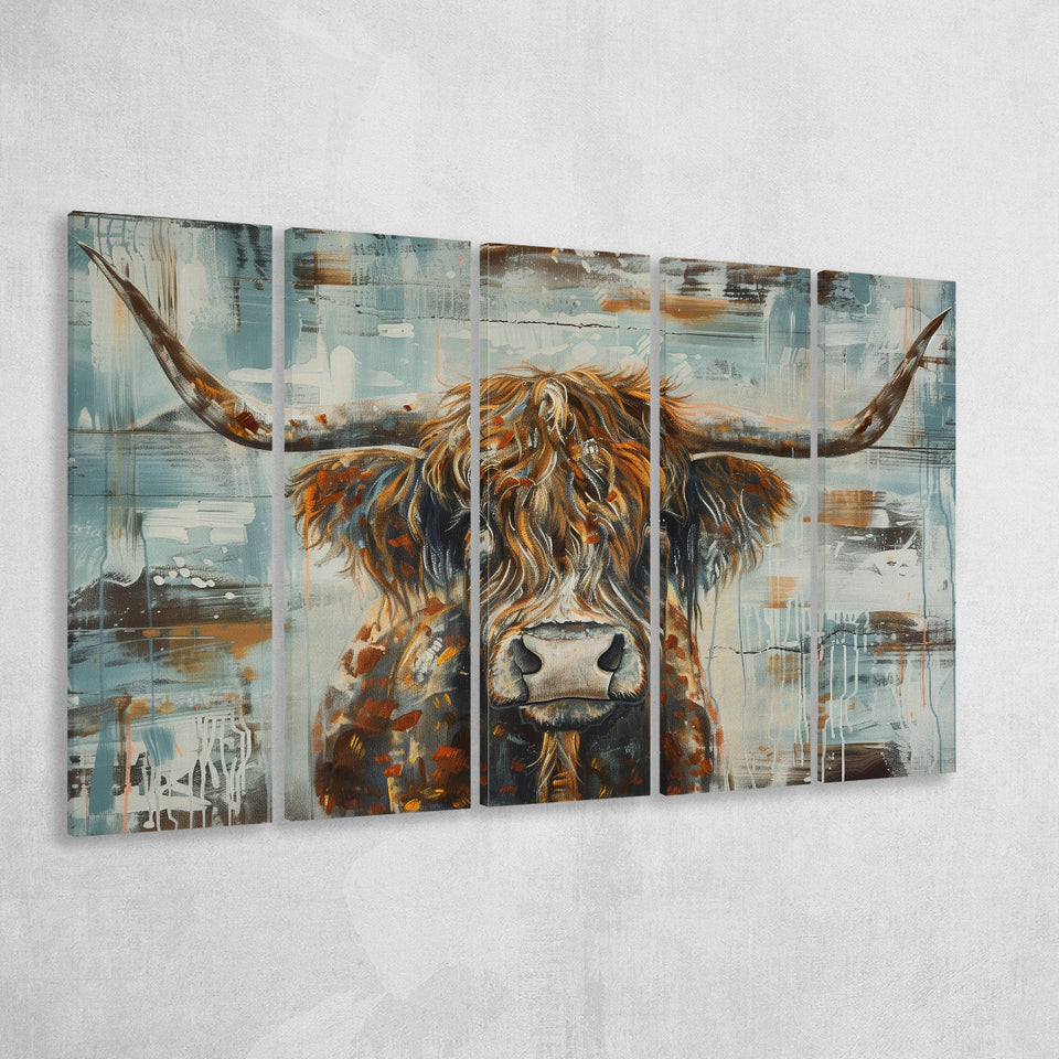 Highland Longhorn Cow Painted On Wood Rustic Cabin V1, Extra Large Multi 5 Panel Canvas Print Wall Art Decor