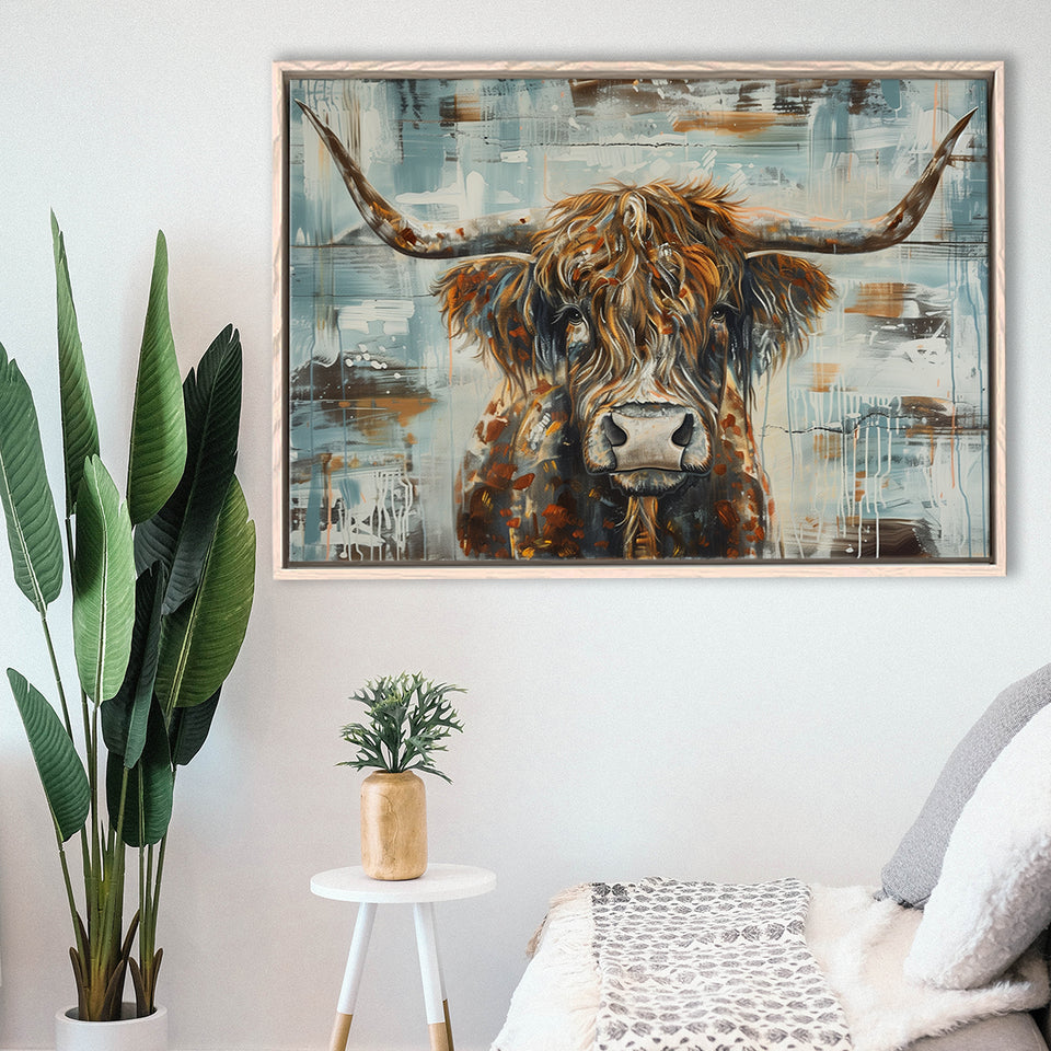 Highland Longhorn Cow Painted On Wood Rustic Cabin V1, Framed Canvas Print Wall Art Decor,Floating Frame