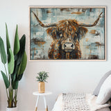 Highland Longhorn Cow Painted On Wood Rustic Cabin V1, Framed Canvas Print Wall Art Decor,Floating Frame