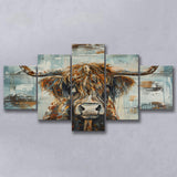 Highland Longhorn Cow Painted On Wood Rustic Cabin V1, Multi Panel Canvas Print Wall Art Decor, 5 Mixed Panel