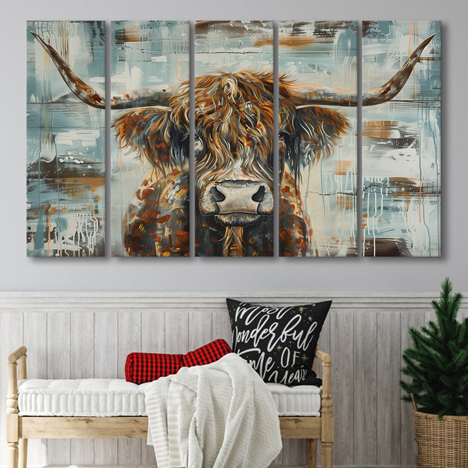 Highland Longhorn Cow Painted On Wood Rustic Cabin V1, Extra Large Multi 5 Panel Canvas Print Wall Art Decor