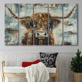 Highland Longhorn Cow Painted On Wood Rustic Cabin V1, Extra Large Multi 5 Panel Canvas Print Wall Art Decor