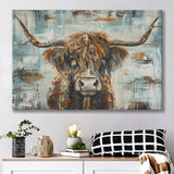 Highland Longhorn Cow Painted On Wood Rustic Cabin V1, Canvas Print Wall Art Decor, Landscape Art Print