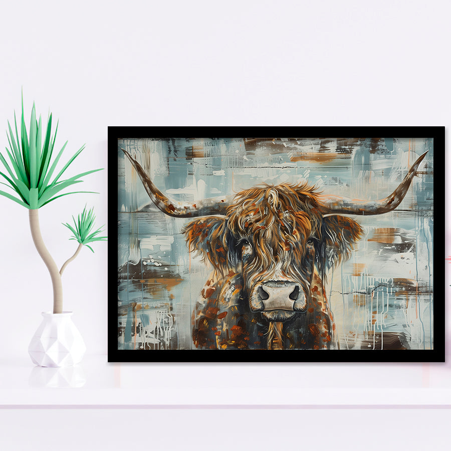 Highland Longhorn Cow Painted On Wood Rustic Cabin V1, Framed Art Print Wall Decor, Framed Picture
