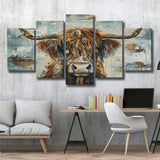 Highland Longhorn Cow Painted On Wood Rustic Cabin V1, Multi Panel Canvas Print Wall Art Decor, 5 Mixed Panel