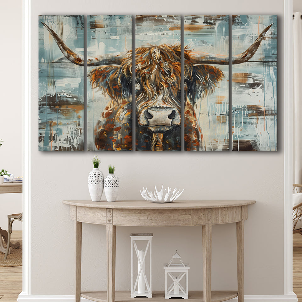 Highland Longhorn Cow Painted On Wood Rustic Cabin V1, Extra Large Multi 5 Panel Canvas Print Wall Art Decor