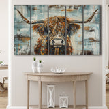Highland Longhorn Cow Painted On Wood Rustic Cabin V1, Extra Large Multi 5 Panel Canvas Print Wall Art Decor