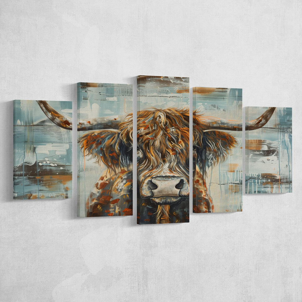 Highland Longhorn Cow Painted On Wood Rustic Cabin V1, Multi Panel Canvas Print Wall Art Decor, 5 Mixed Panel