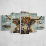 Highland Longhorn Cow Painted On Wood Rustic Cabin V1, Multi Panel Canvas Print Wall Art Decor, 5 Mixed Panel