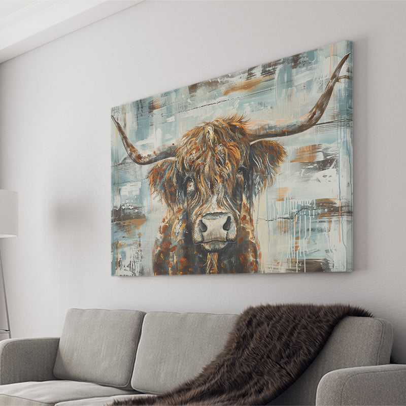 Highland Longhorn Cow Painted On Wood Rustic Cabin V1, Canvas Print Wall Art Decor, Landscape Art Print