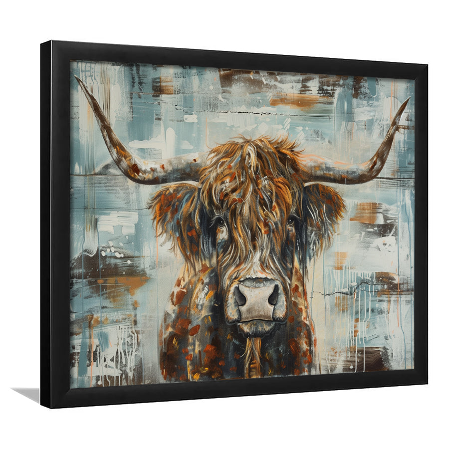 Highland Longhorn Cow Painted On Wood Rustic Cabin V1, Framed Art Print Wall Decor, Framed Picture