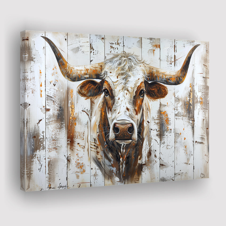 Highland Longhorn Cow Painted On Wood Rustic Cabin V2, Canvas Print Wall Art Decor, Landscape Art Print