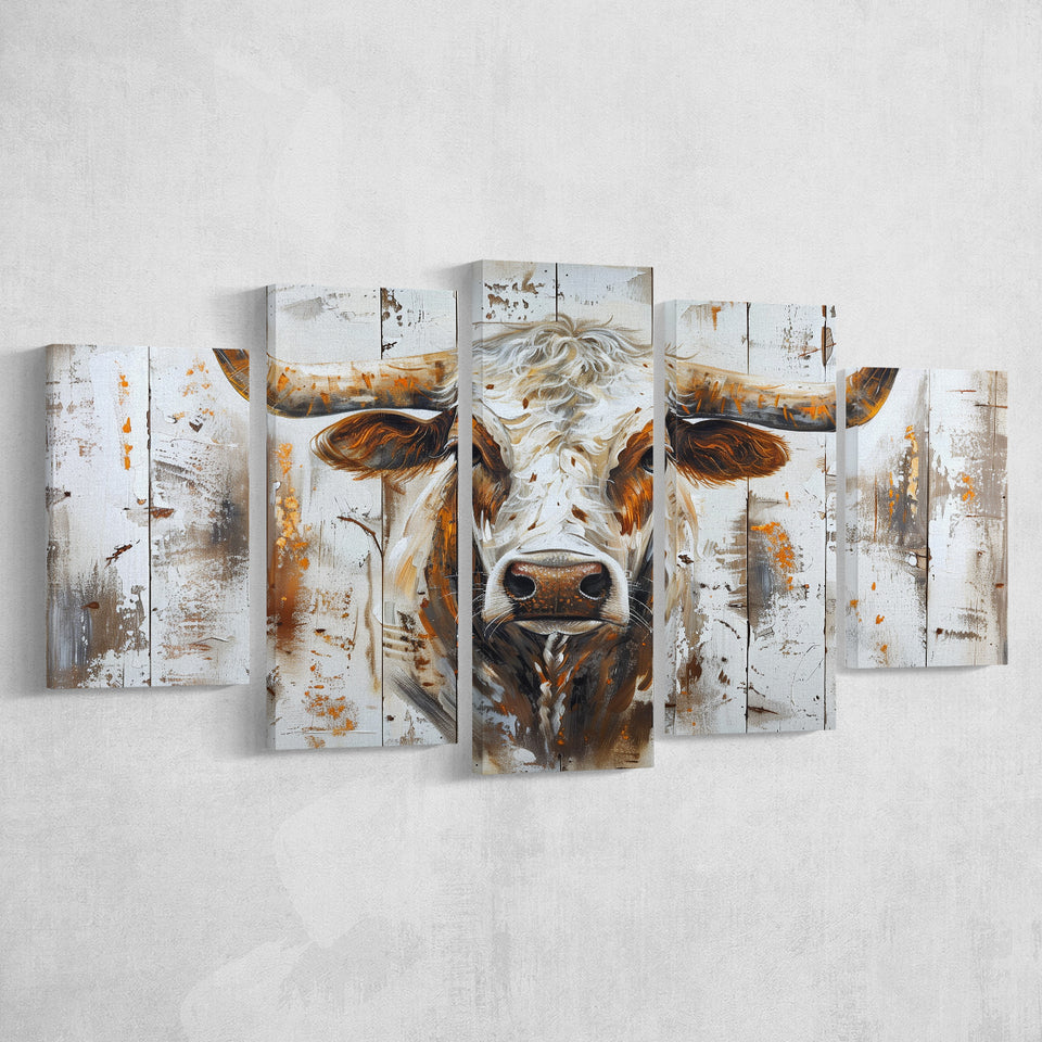Highland Longhorn Cow Painted On Wood Rustic Cabin V2, Multi Panel Canvas Print Wall Art Decor, 5 Mixed Panel