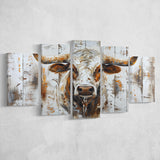 Highland Longhorn Cow Painted On Wood Rustic Cabin V2, Multi Panel Canvas Print Wall Art Decor, 5 Mixed Panel