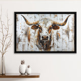 Highland Longhorn Cow Painted On Wood Rustic Cabin V2, Framed Canvas Print Wall Art Decor,Floating Frame