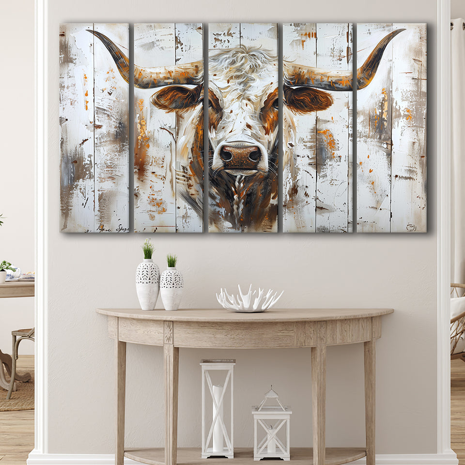 Highland Longhorn Cow Painted On Wood Rustic Cabin V2, Extra Large Multi 5 Panel Canvas Print Wall Art Decor