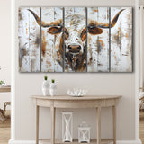 Highland Longhorn Cow Painted On Wood Rustic Cabin V2, Extra Large Multi 5 Panel Canvas Print Wall Art Decor