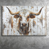 Highland Longhorn Cow Painted On Wood Rustic Cabin V2, Canvas Print Wall Art Decor, Landscape Art Print