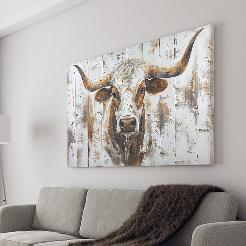 Highland Longhorn Cow Painted On Wood Rustic Cabin V2, Canvas Print Wall Art Decor, Landscape Art Print