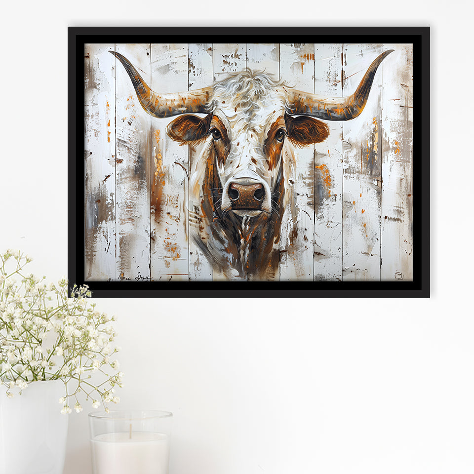 Highland Longhorn Cow Painted On Wood Rustic Cabin V2, Framed Canvas Print Wall Art Decor,Floating Frame