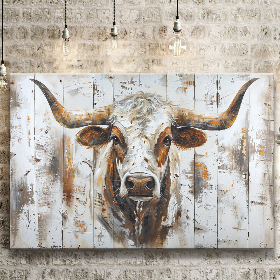 Highland Longhorn Cow Painted On Wood Rustic Cabin V2, Canvas Print Wall Art Decor, Landscape Art Print