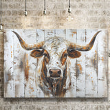 Highland Longhorn Cow Painted On Wood Rustic Cabin V2, Canvas Print Wall Art Decor, Landscape Art Print