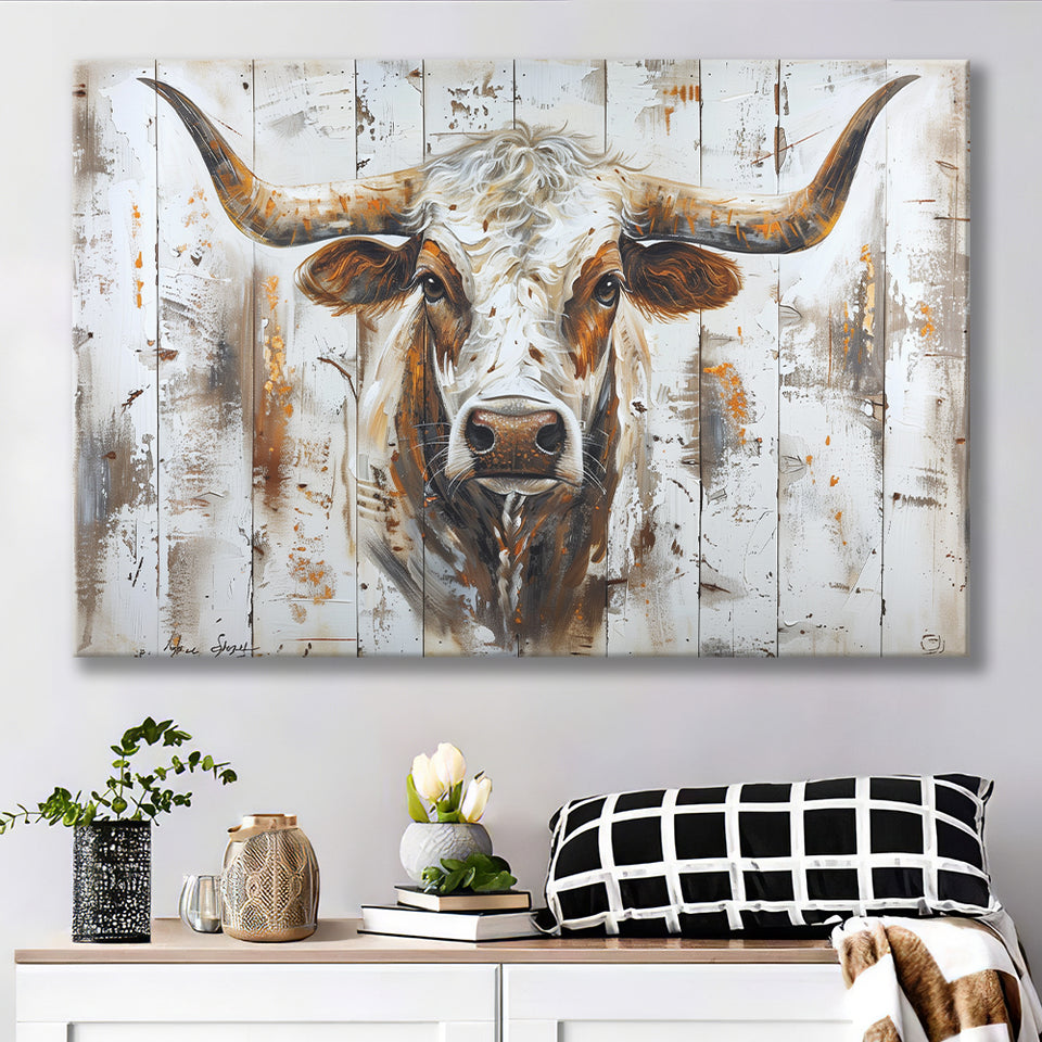 Highland Longhorn Cow Painted On Wood Rustic Cabin V2, Canvas Print Wall Art Decor, Landscape Art Print