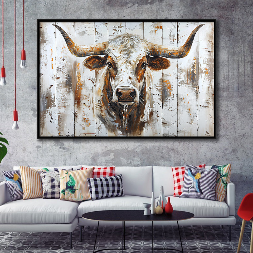 Highland Longhorn Cow Painted On Wood Rustic Cabin V2, Framed Canvas Print Wall Art Decor,Floating Frame