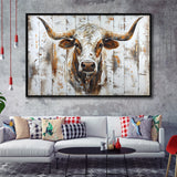 Highland Longhorn Cow Painted On Wood Rustic Cabin V2, Framed Canvas Print Wall Art Decor,Floating Frame