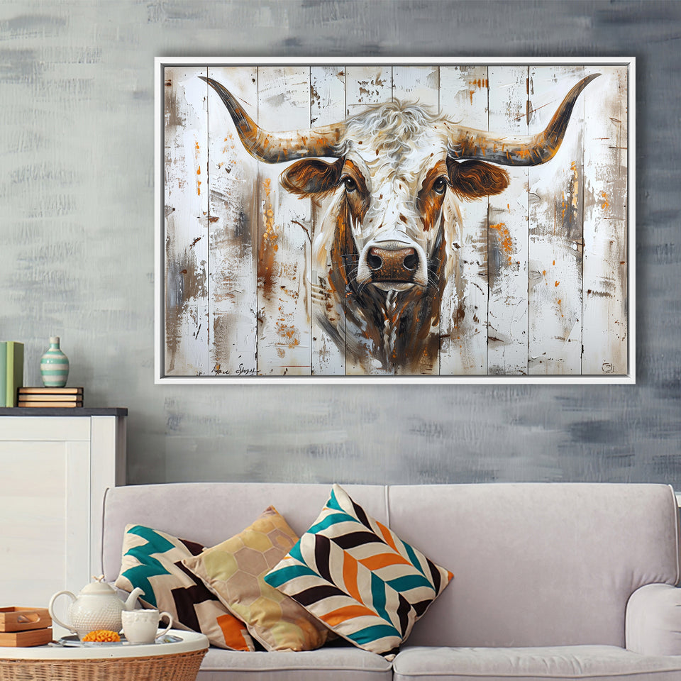 Highland Longhorn Cow Painted On Wood Rustic Cabin V2, Framed Canvas Print Wall Art Decor,Floating Frame