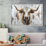 Highland Longhorn Cow Painted On Wood Rustic Cabin V2, Framed Canvas Print Wall Art Decor,Floating Frame