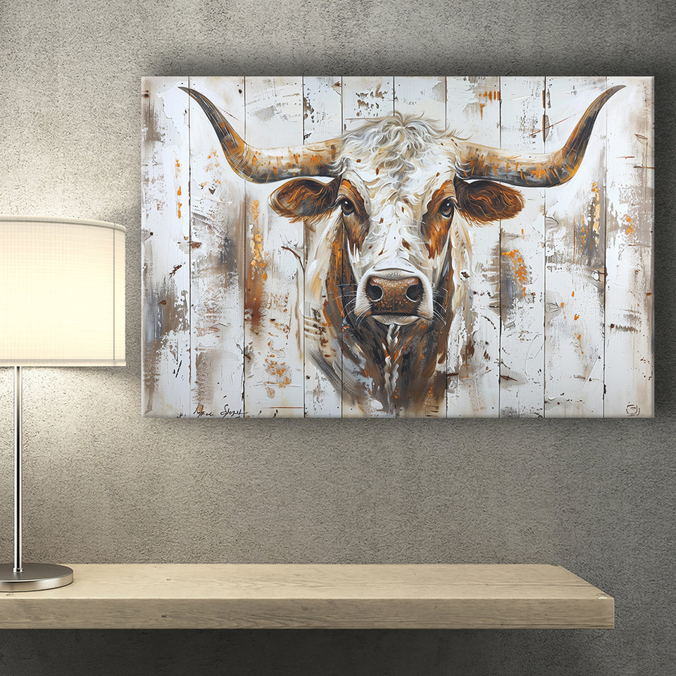 Highland Longhorn Cow Painted On Wood Rustic Cabin V2, Canvas Print Wall Art Decor, Landscape Art Print
