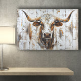 Highland Longhorn Cow Painted On Wood Rustic Cabin V2, Canvas Print Wall Art Decor, Landscape Art Print