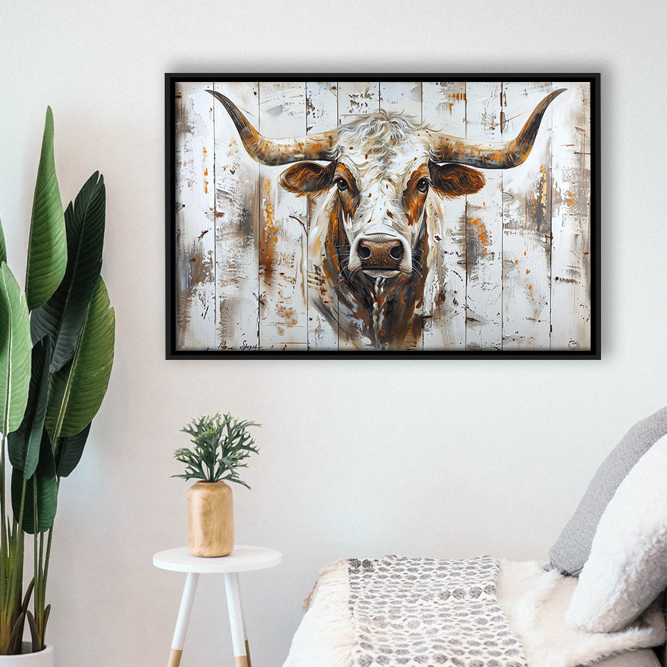 Highland Longhorn Cow Painted On Wood Rustic Cabin V2, Framed Canvas Print Wall Art Decor,Floating Frame