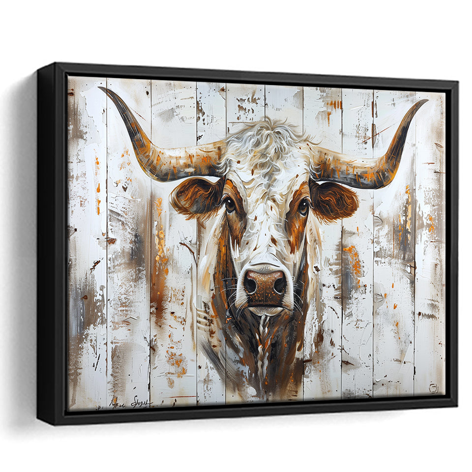 Highland Longhorn Cow Painted On Wood Rustic Cabin V2, Framed Canvas Print Wall Art Decor,Floating Frame